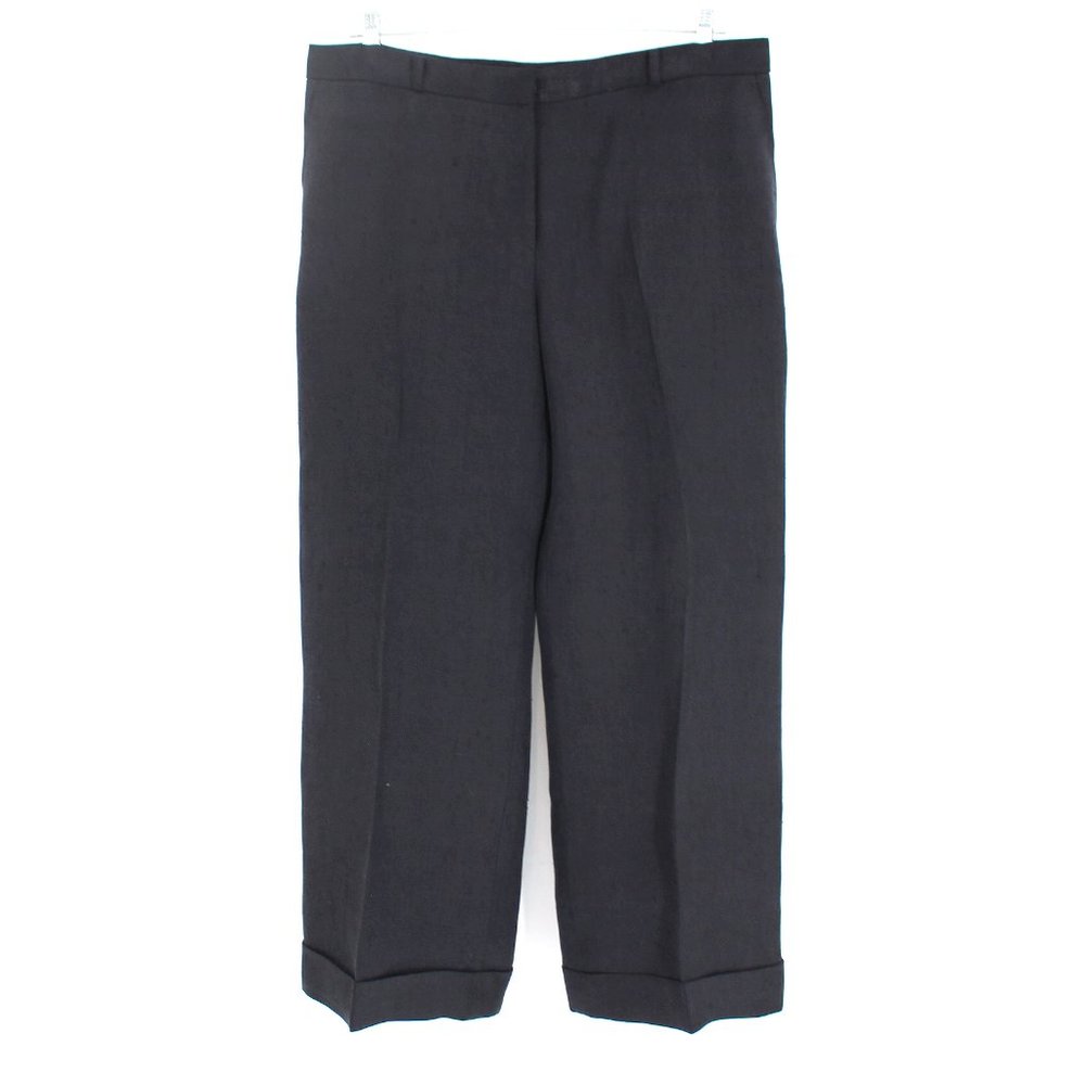 Oscar de la Renta Black Silk Twill Wide Leg Trousers Cuffed Pants 18 Plus NEW
